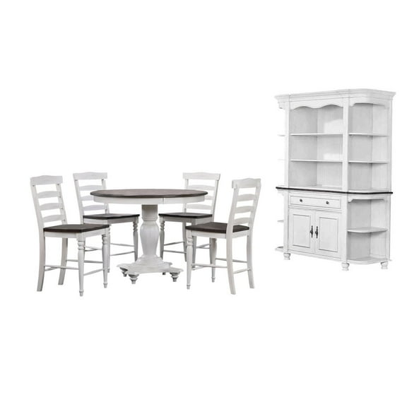 French Chic Round 30-36"H Dining Table Set Stools China Cabinet White/Brown Wood