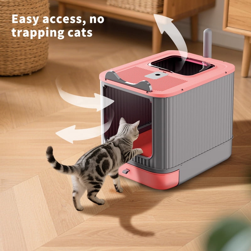 Qifang Elevated Cat Litter Box, 17.7x14.2x13.8in Leak Proof Top Entry Enclosed Cat Toilet with Scoop, Large Litter Pan for Multi-Cat Home, Pink