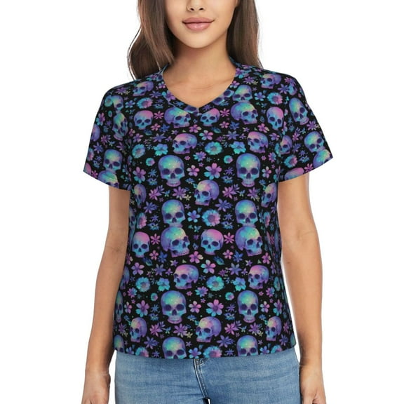 Xecao Skull Flower Blue for Women's V-Neck T-Shirts-Elegant Half-Sleeve Tops Perfect for Summer-Small