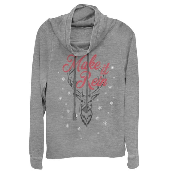 Junior's Lost Gods Christmas Make it Reindeer Cowl Neck Sweatshirt Gray Heather Medium