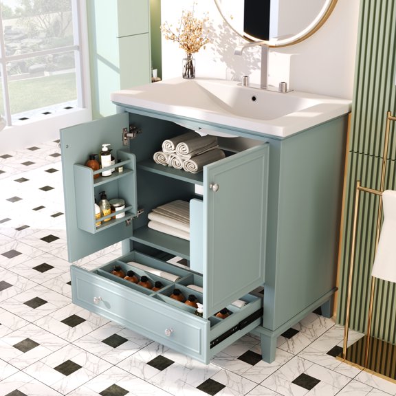 EUROCO 30" Bathroom Vanity with Sink Combo,Modern Freestanding Bathroom Storage Cabinet with Doors and Drawer,Solid Wood Frame,Green