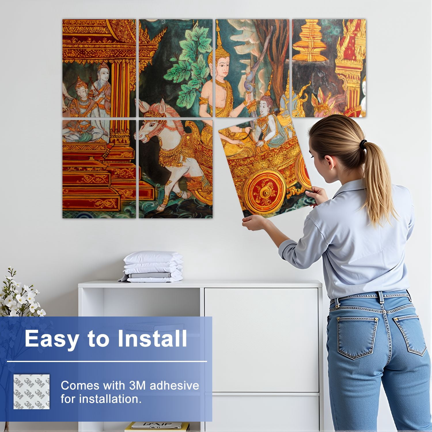 8 Pack Art Acoustic Panels Sound Absorbing traditional Thai style painting photo Decorative Soundproof Wall Panels Self Adhesive for Nursery Game Room Bedroom 48"x32"