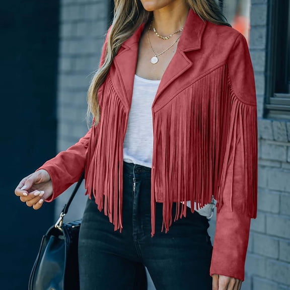 cllios Women Fringe Jacket Faux Suede Cardigan with Tassel Long Sleeve Lapel Vintage Cropped Coats Motor Biker Outerwear