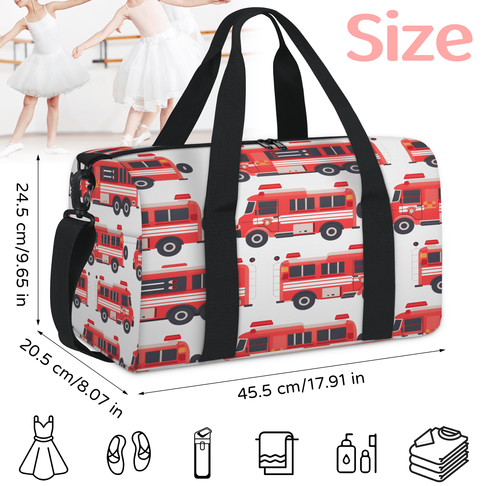 Herdesigns Fire Trucks Gym Bag for Women, Duffle Bag for Travel Sport, Car Lightweight Waterproof Carry on Weekender Dance Yoga Workout Bags