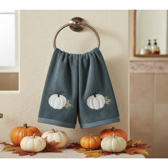 Serafina Home Decorative Fall Harvest Hand Fingertip Towels: Harvest Grey Pumkin on Grey Plush Soft Cotton, Set of 2 12 x 18 Inches