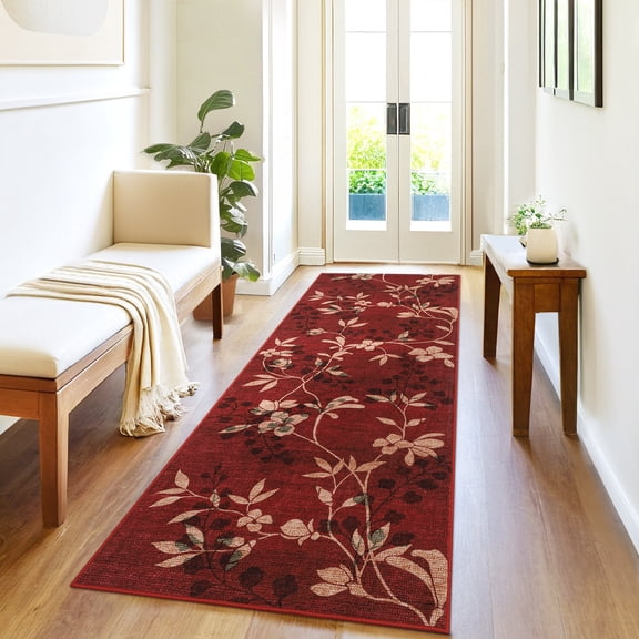 FairOnly Red Runner Rugs Machine Washable Floral Non Slip Non Shdding 2'x6'Runner Rugs for Hallway