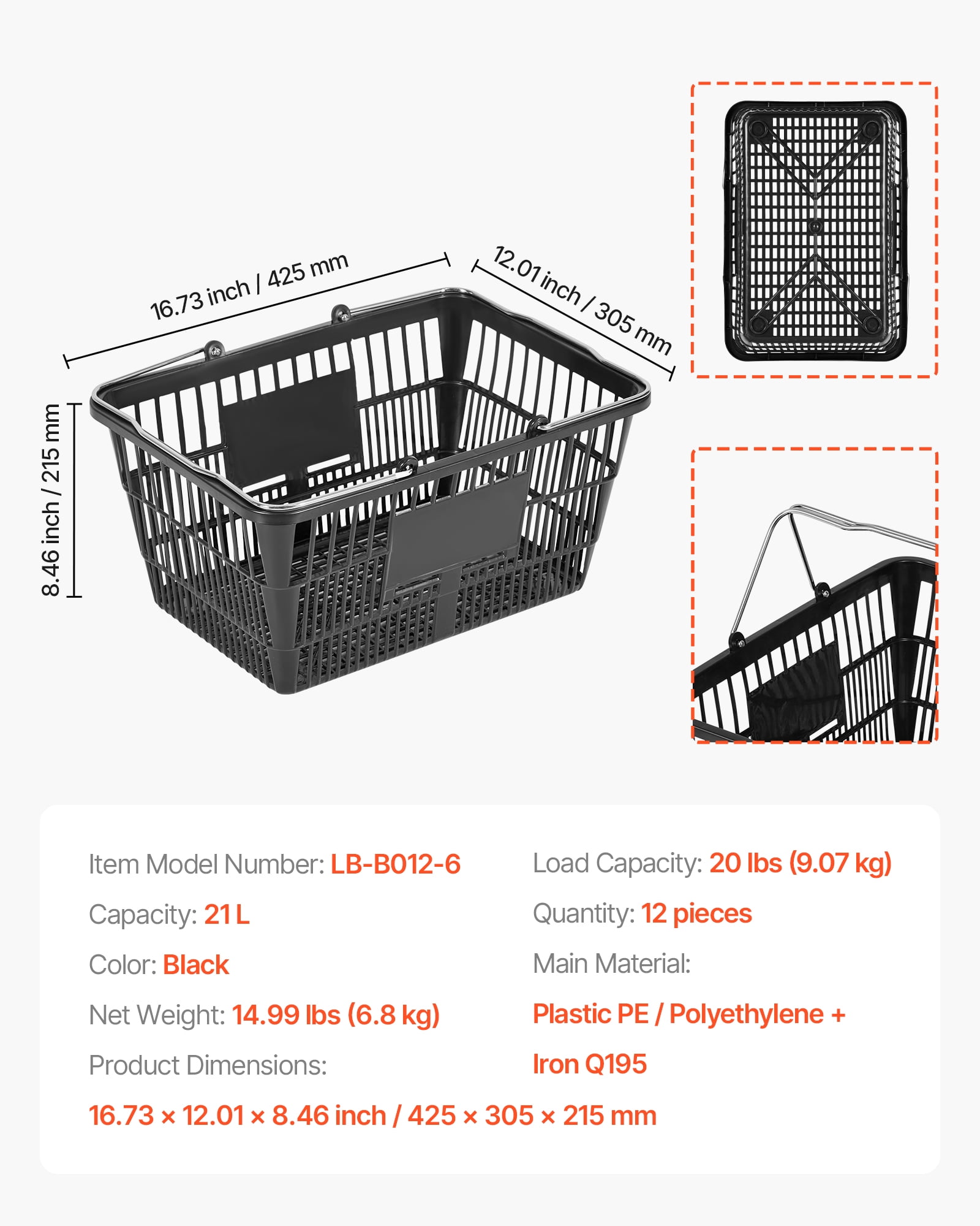 VEVOR Shopping Baskets, 12 PCS, 21L Stackable PE Plastic Grocery Baskets with Handles, Dense Mesh Structure, Holds up to 20 lbs, Portable for Grocery, Retail, Stores, Supermarket, Home Use, Black