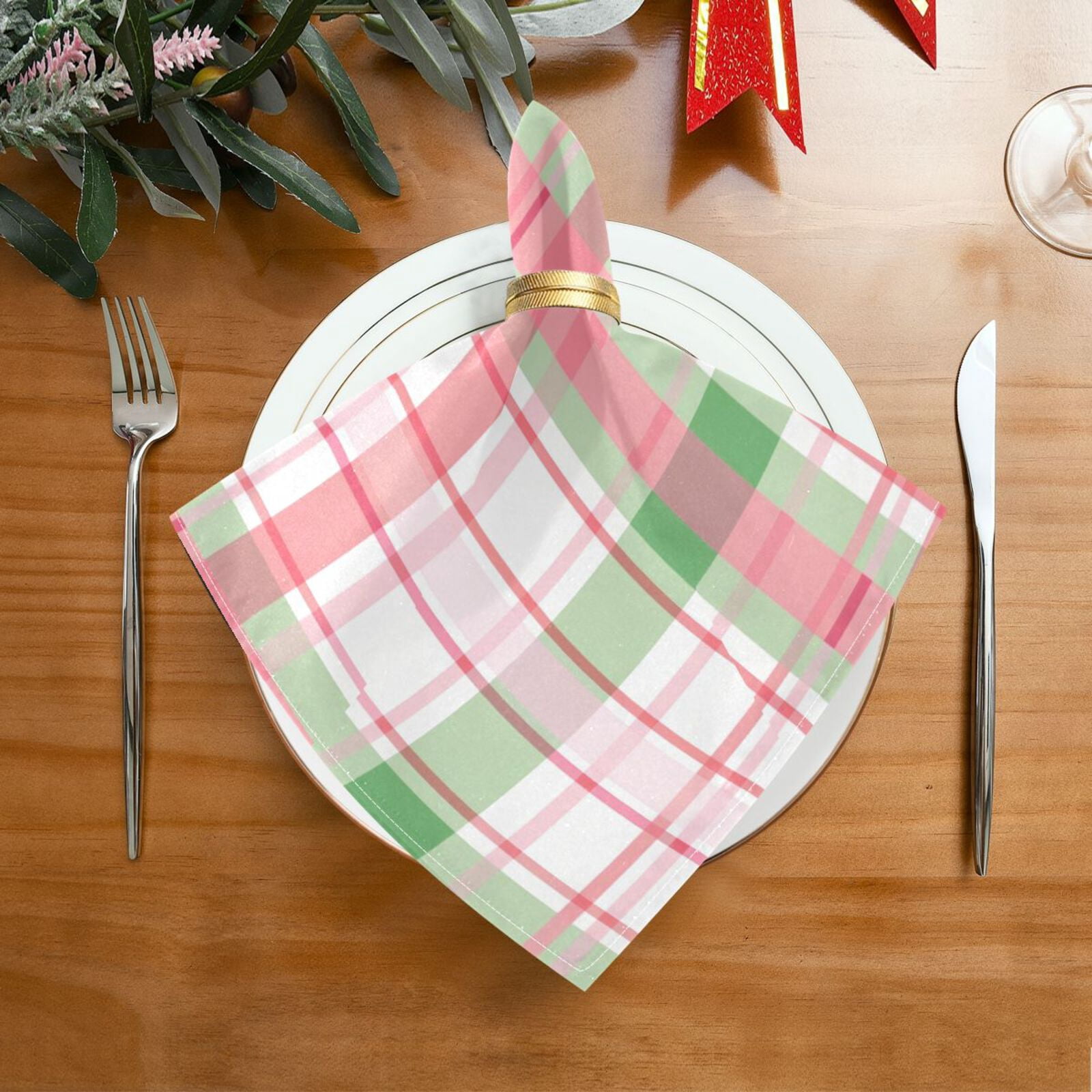 JSTEL Pink Checkered Grid Cloth Napkins Set of 6, 20x20 Inch Washable and Reusable Napkin for Decoupage Dinner Party Everyday Use