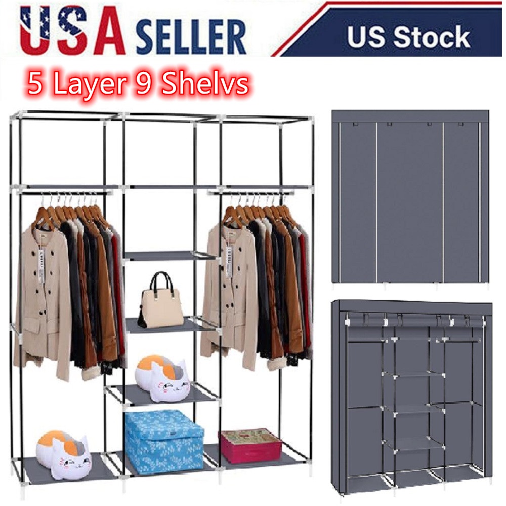 Portable Wardrobe Closet, Clothes Organizer with Metal Shelves and  Dustproof Non-Woven Fabric Wardrobe Rack With 9 Shelves & 2 Clothes Hanging  Rail,(150*45*175cm)-Gray - Walmart.com