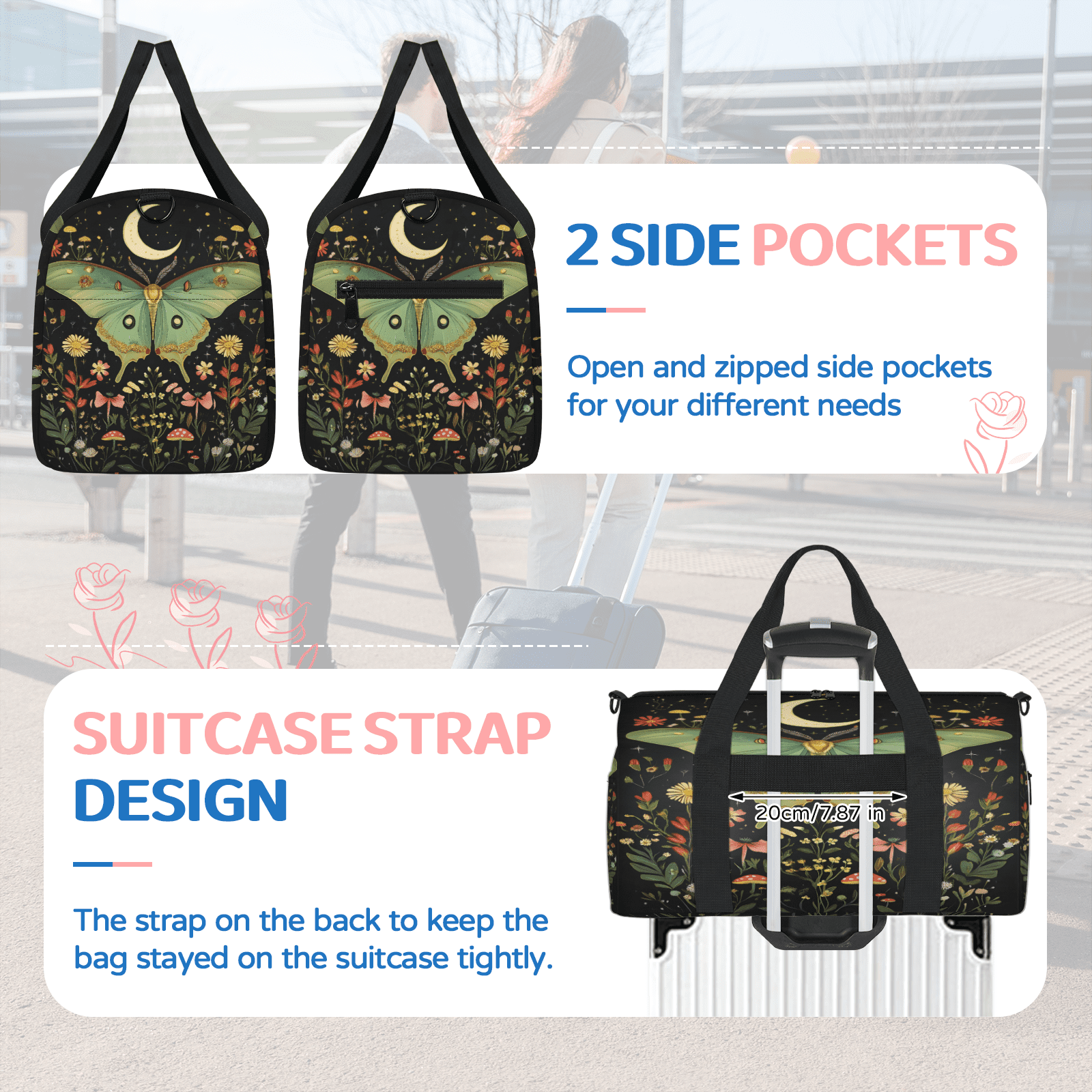 Herdesigns Butterfly Gym Bag for Women, Floral Duffle Bag for Travel Sport, Lightweight Waterproof Carry on Weekender Overnight Dance Yoga Workout Bags