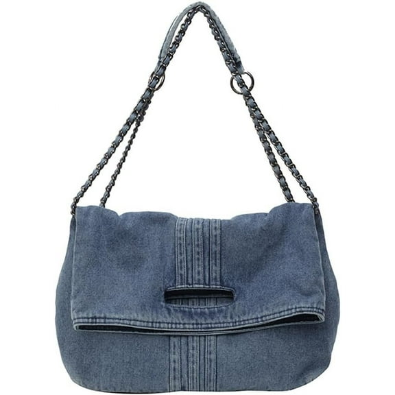 Women Denim Shoulder Handbag Retro Crossbody Bag Large Capacity Tote Purse Chain Strap Underarm Bag
