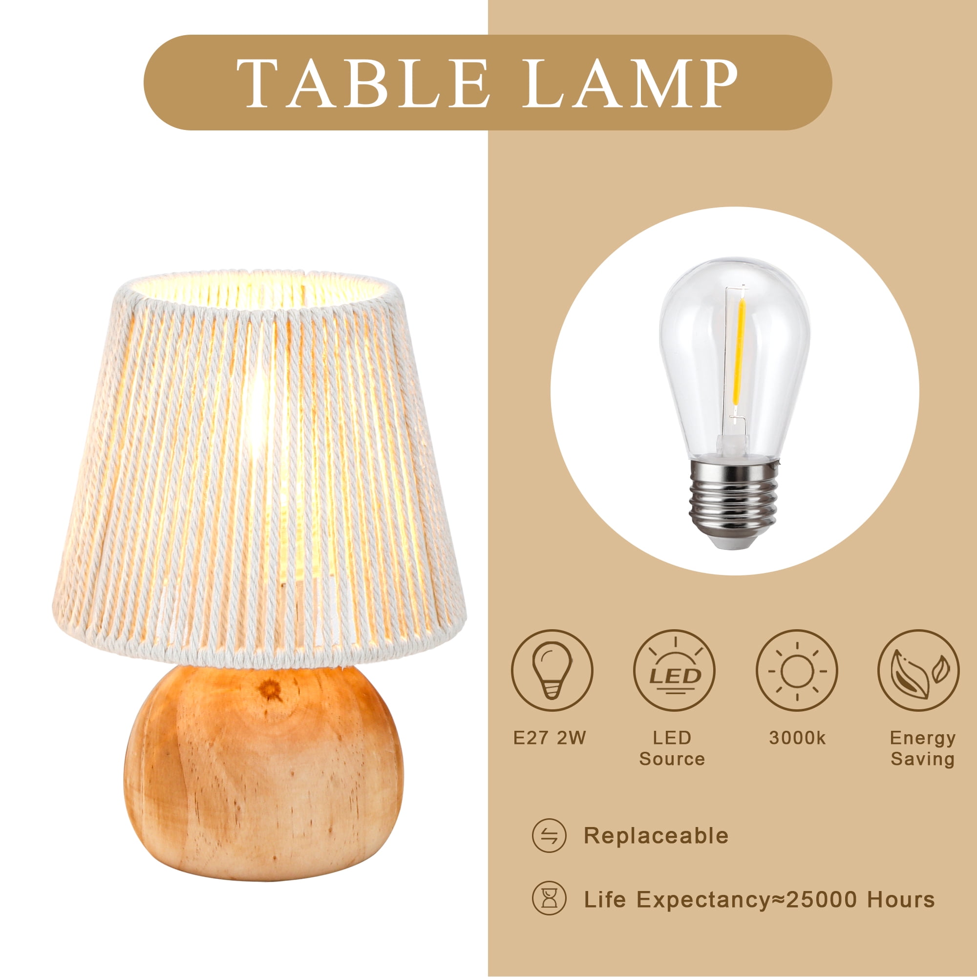 Set of 2 Woven Cotton Rope Table Lamp - 8'' Tall Cordless Battery Powered Lamps with Wooden Base