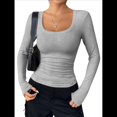 thumbnail image 2 of Camisas de Larga con Cuello Redondo para Mujer, Blusas Informales de Punto Acanalado de Corte Ajustado, Camisetas Básicas de Trabajo para Verano y Otoño. Gris L, 2 of 9