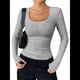 thumbnail image 2 of Camisas de Larga con Cuello Redondo para Mujer, Blusas Informales de Punto Acanalado de Corte Ajustado, Camisetas Básicas de Trabajo para Verano y Otoño. Gris L, 2 of 9
