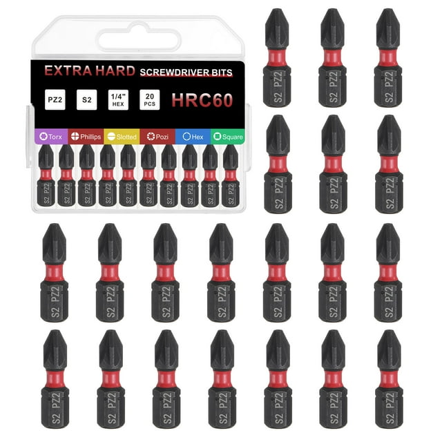 Uxcell 20pcs PZ2 Pozi Punta de Destornillador 1/4" Hex Shank 25mm/1" Longitud Magnética Phillips Slotted Hex Bits Punta de Destornillador de Acero S2 para Herramientas Eléctricas de Impacto