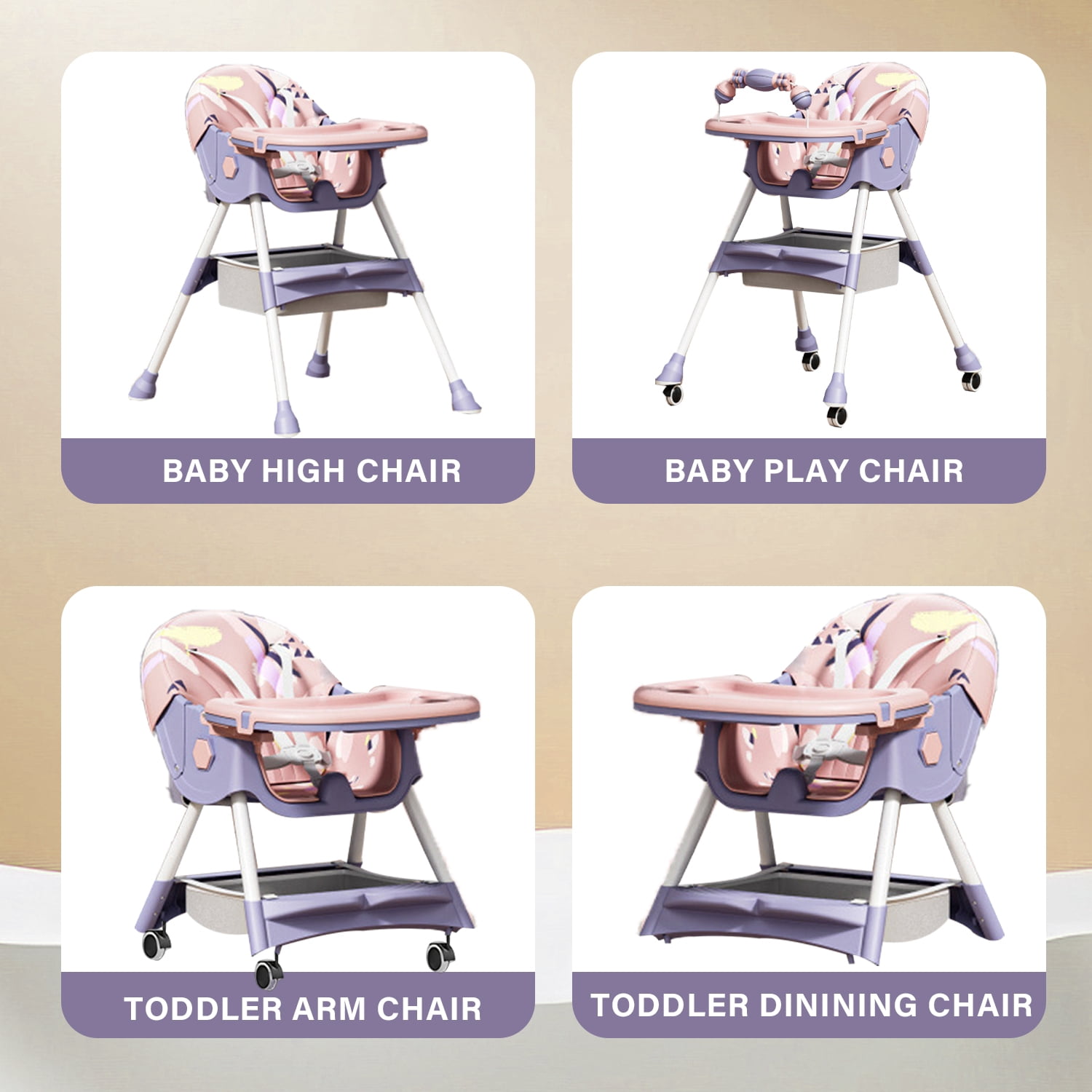 XunKA 4-in-1 Baby High Chair, Portable Dining Chairs Eat & Play with Double-Layer Dinner Plate and Toy Rack,for Months Infants and Toddlers,Purple.