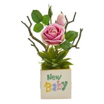Nearly Natural 15in. Rose and Agave Artificial Arrangement in New Baby Vase, Pink