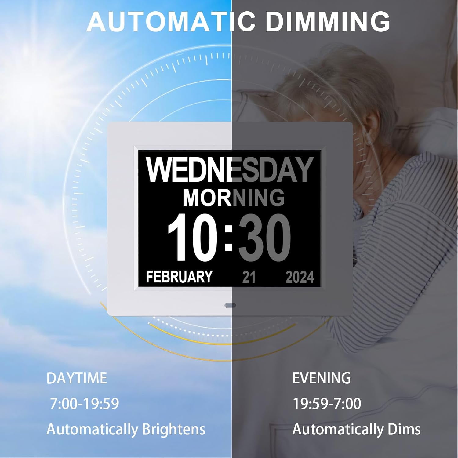 Large Digital Calendar Clock for Seniors with 12 Custom Alarms and Auto-Dimming Display