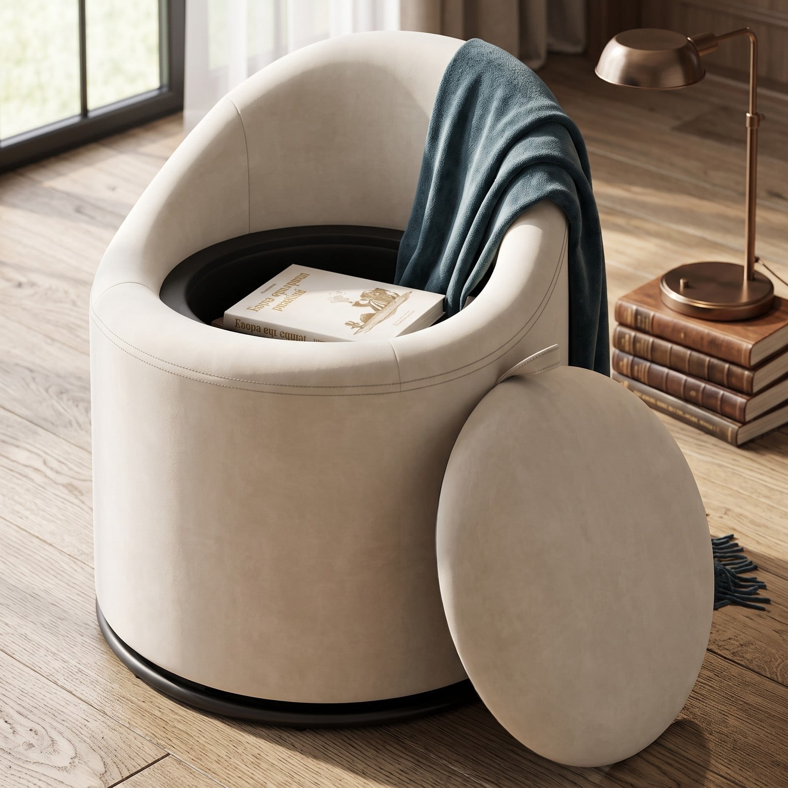 Furnibear Barrel Accent Chair with Hidden Storage, 360 Degree Swivel Upholstered Velvet Vanity Chair, Curved Back, Sturdy Metal Base, No Assembly Needed, for, Beige