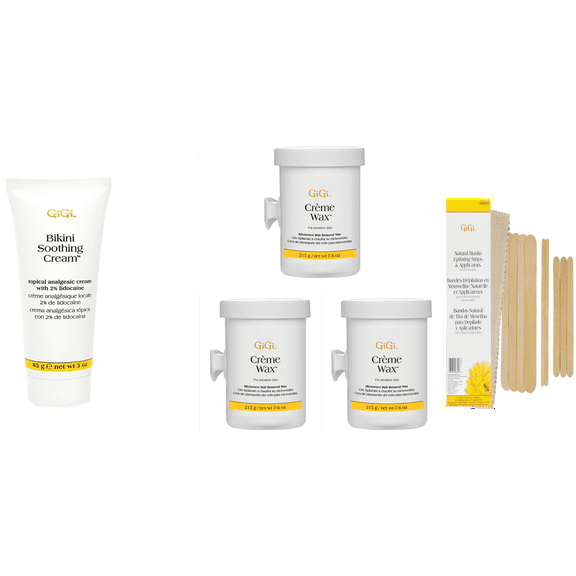 GiGi Microwave Creme Waxing Kit, (3-PACK) All Natural Creme Wax Hair Removal Containers, and Natural Muslin & Spatula Combo with BONUS FREE Bikini Soothing Cream