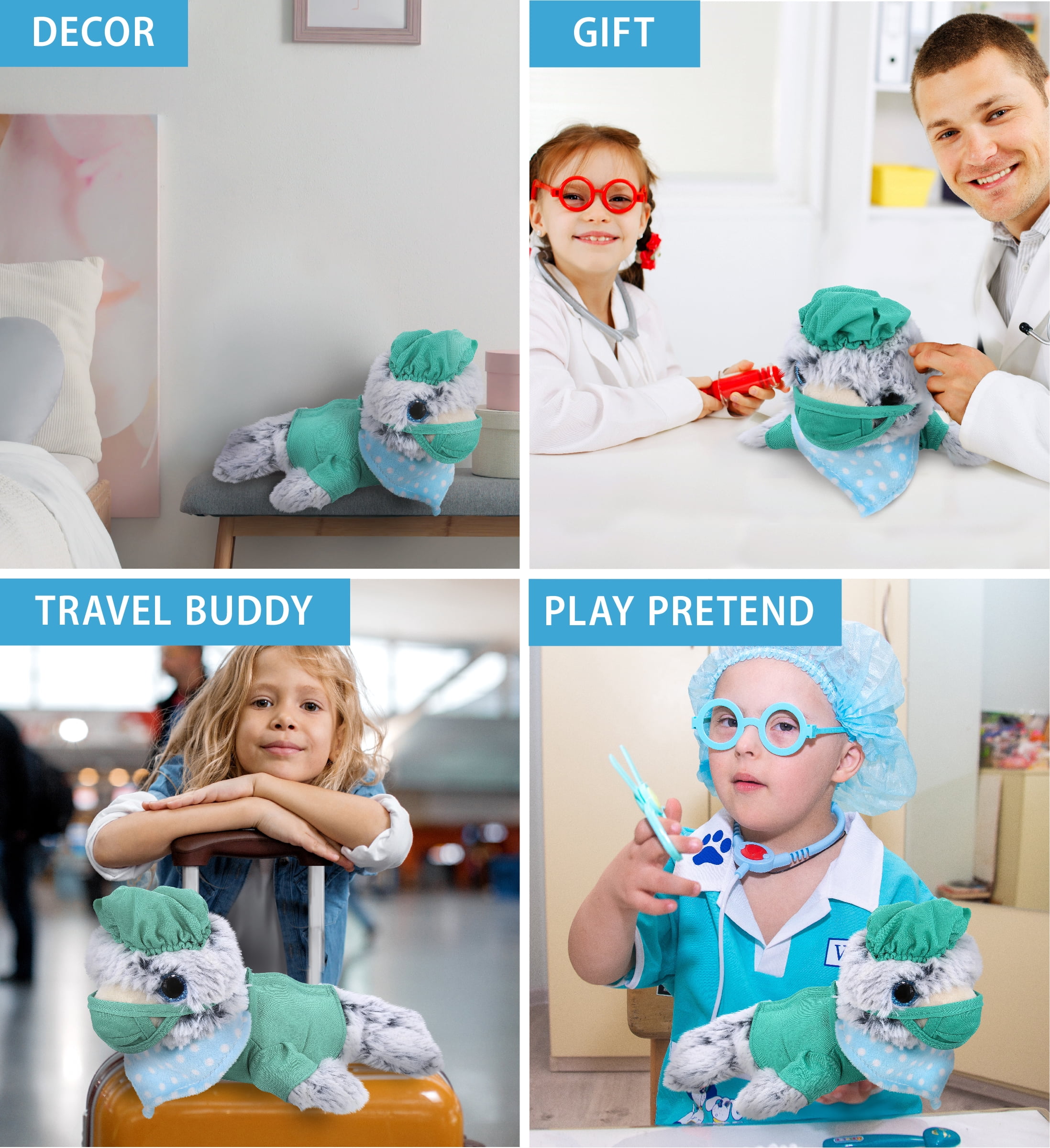DolliBu Sea Lion Doctor Plush Toy - Super Soft Sea Lion Doctor Stuffed Animal Dress Up with Cute Scrub Uniform & Cap Outfit  - Fluffy Doctor Toy Plush Gift - 8 Inches