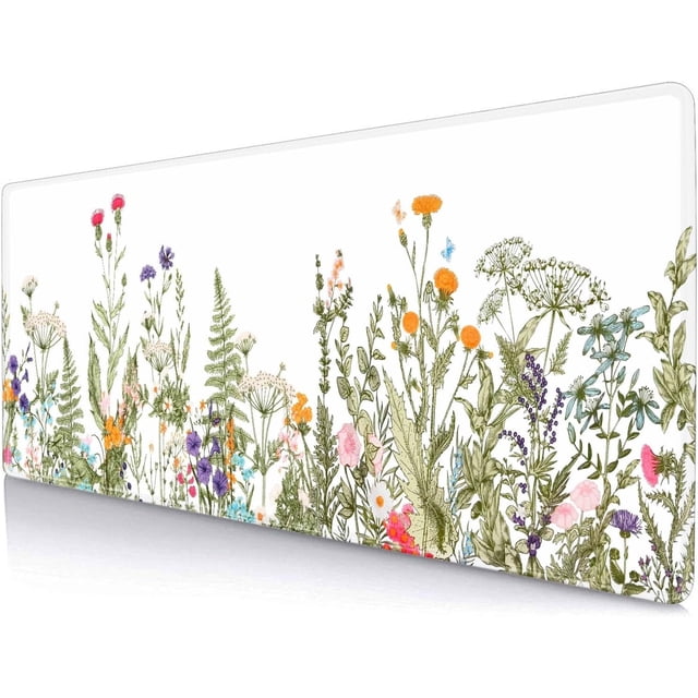 White Extended Mouse Pad Large Stable Rubber Base with Stitched Edges, Colorful Weeds Wildflowers Design, Perfect for Work, Game, Office, Home, 31.5x11.8 Inch