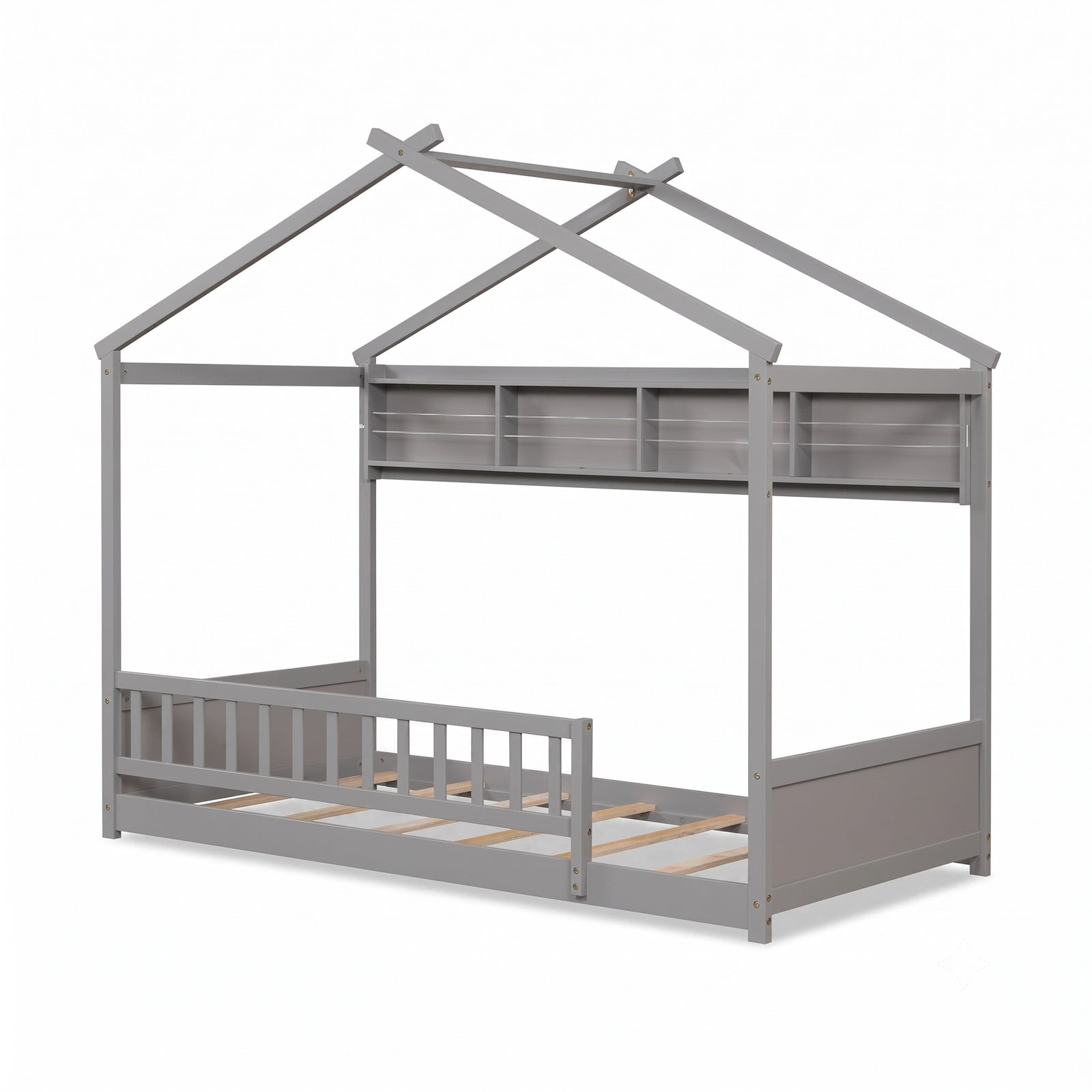Furnibear Twin Bed Frame with Headboard, House Bed with 4 Cube Storage Shelf and 17 Inch Safety Guardrails for Kids Room, Gray