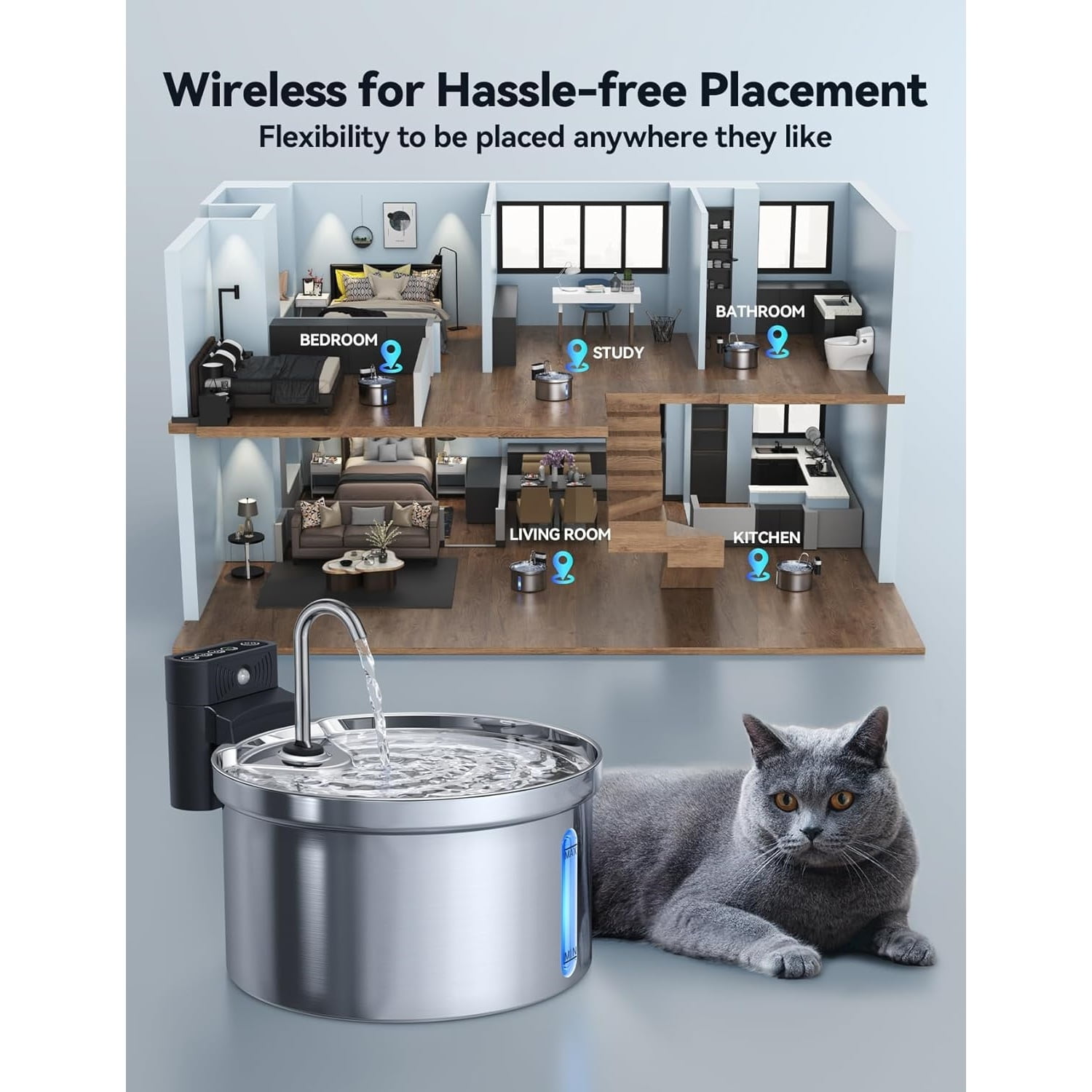 Wireless Cat Water Fountain [Water & Battery Separation]