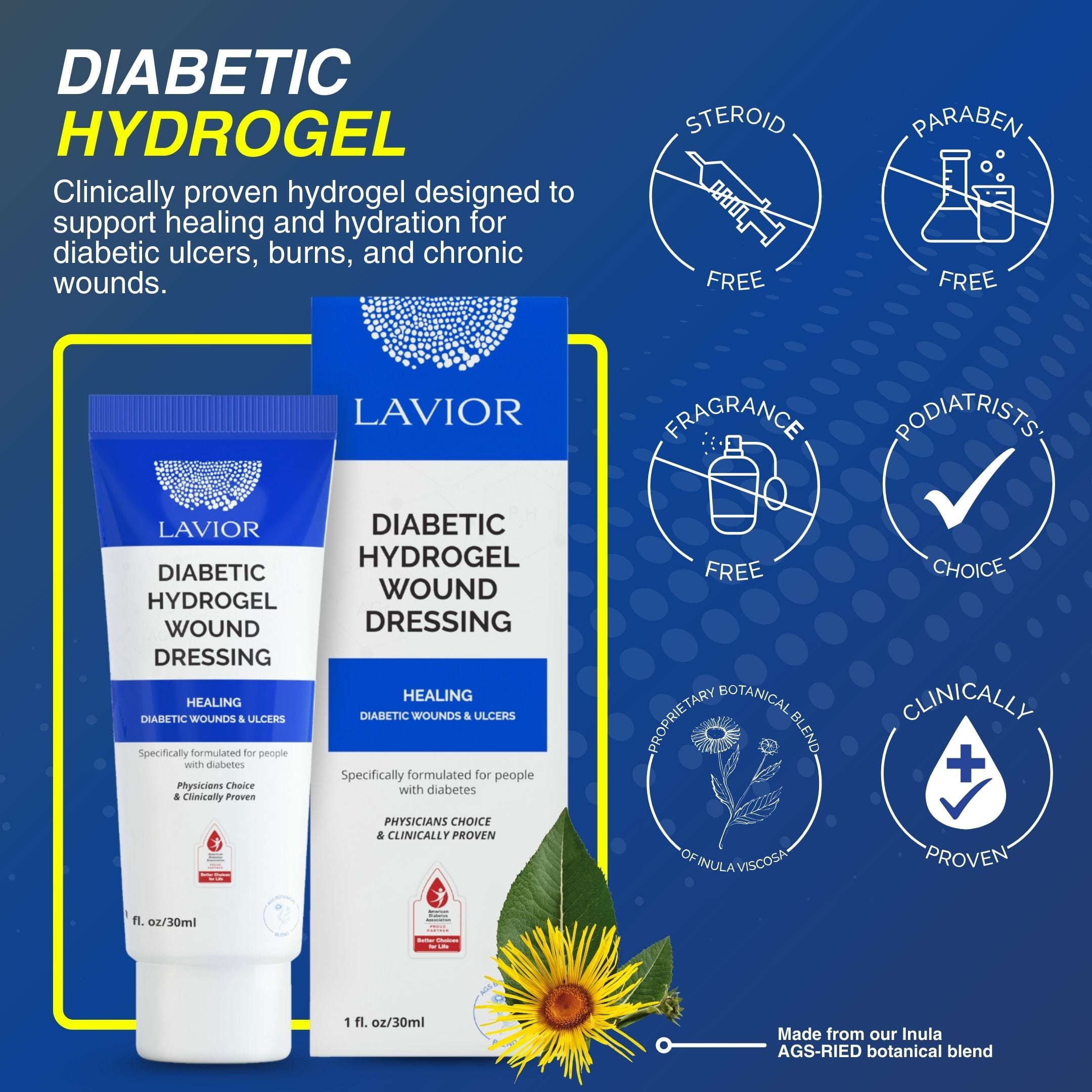 (2 pack) LAVIOR Diabetic Wound Gel 1oz – Natural Botanical Hydrogel for Cuts, Scrapes, Ulcers, CGM Site & Deep Wounds – Fast Healing – Inula Viscosa – ADA Endorsed, Podiatrist Tested, Vegan, Made in USA