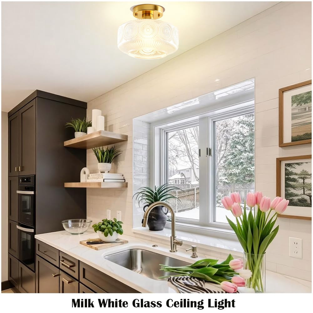 Semi Flush Mount Ceiling Ligh,Globe Glass Ceiling Light with Milk White Galss Shade,Hallway Light Fixtures,Modern Milky White Lighting Fixture for Bedroom Kitchen Porch Corridor