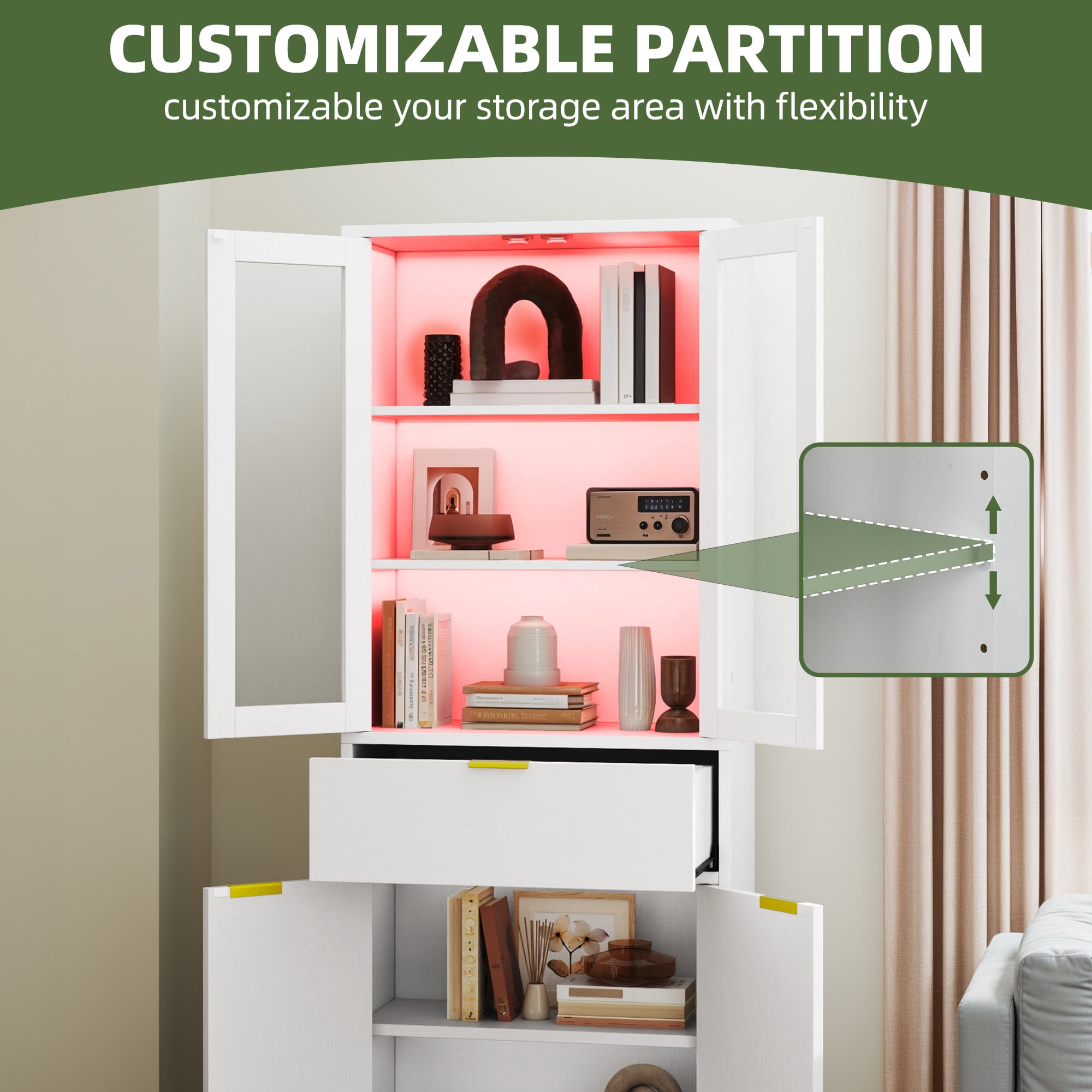 Uforic 65" Bookcase with Drawers & Doors, Tall Storage Cabinet with Adjustable Shelves, Display Bookshelves, White