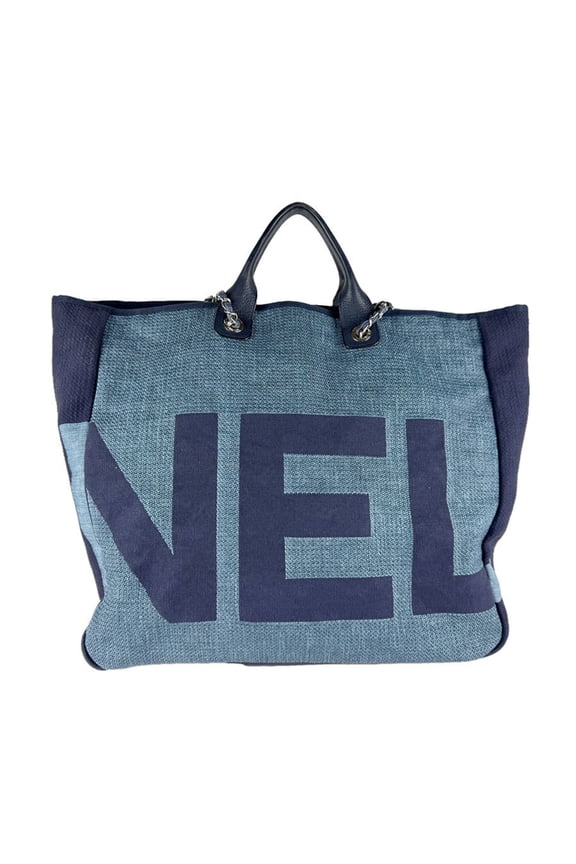 Pre-Owned Chanel CHANEL Shoulder Bag Large Shopping Tote Raffia Canvas Blue Women's z9568