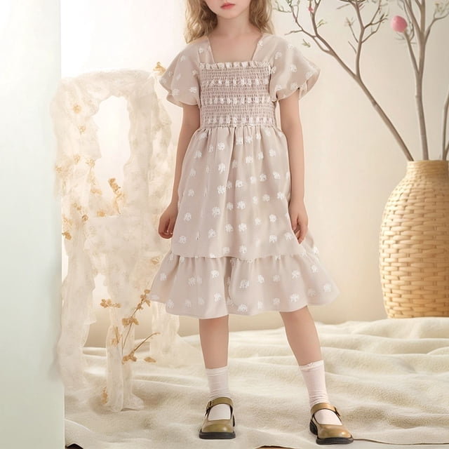 Robe Petite Fille à Manches Volantées, Robes d'Été pour Filles, Robe Trapèze Smockée pour Filles, Robe à Fleurs pour Filles