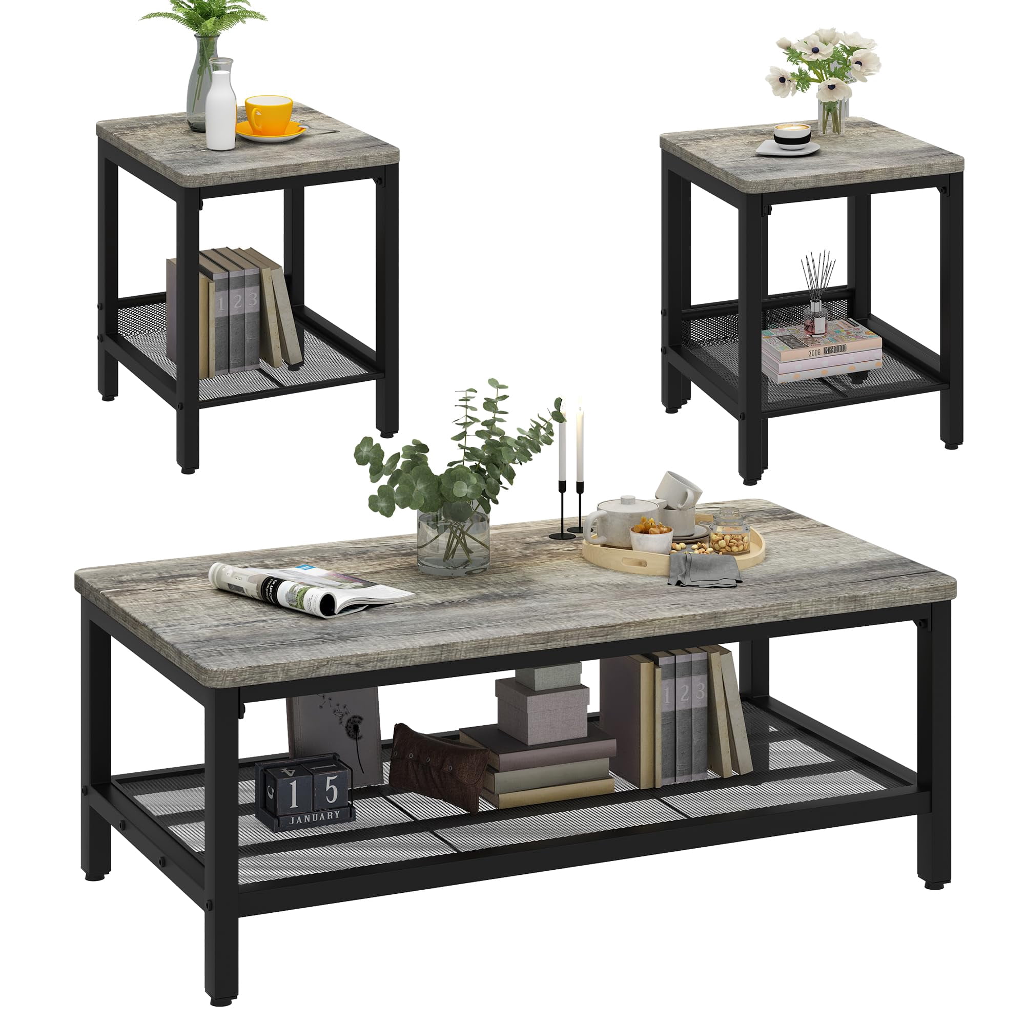 MOOSENG Coffee Table Set of 3, Industrial Vintage Wood Coffee Table with 2 Square End Side Tables, Easy Assembly Living Room Table Set for Offices, Living Rooms and Apartments, Grey