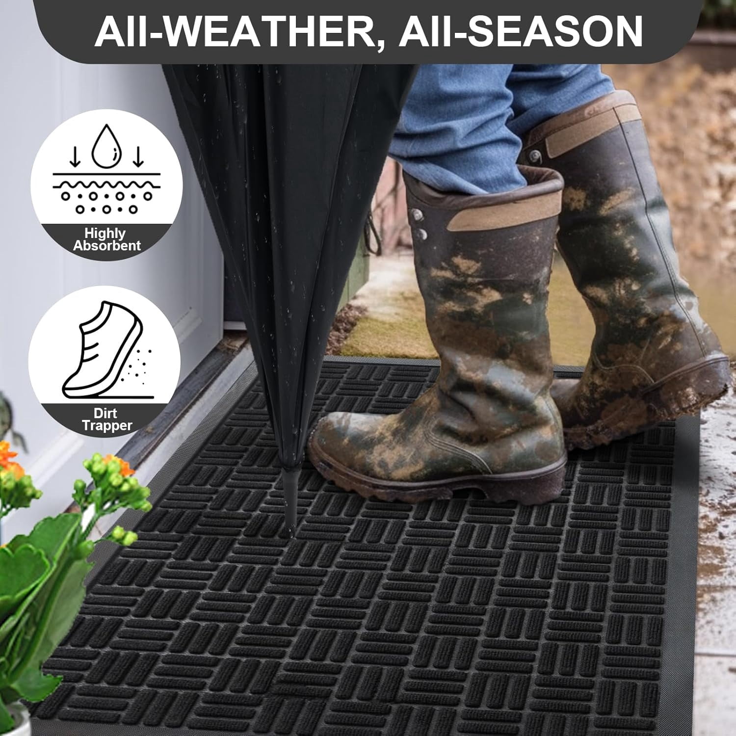 Front Door Mat, Heavy Duty Durable Welcome Mat for Outdoor Indoor, Dirt Trapper Waterproof Super Absorbent Door Mat for Entryway Outside Patio Porch, 61.5" x 36", Black