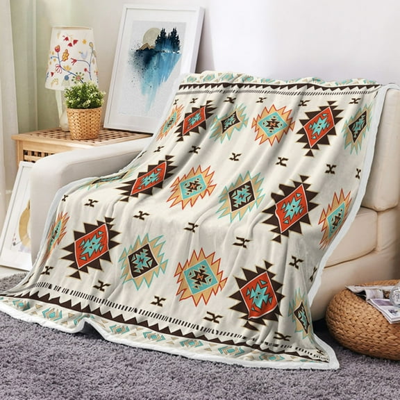 Southwestern Boho Throw Blanket, Native Geometric Figure Soft Flannel Bed Throw Blanket for Couch, Beige Vintage Ethnic Culture Lightweight Fluffy Plush Fuzzy Sofa and Travel Bed Blanket 50X60in