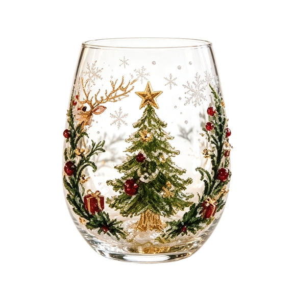 Christmas Tree Stemless Wine Glass Hand Painted Raised Pattern Holiday Tumbler Festive Clear Glass Cup For Cocktail Home Party Decor(Green-12Cm)