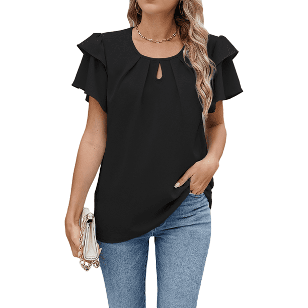 Blusas de Verano para Mujer, con Volantes, Corta, Cuello Redondo, Informales, Plisadas Al Frente, Básicas. Negro XXL