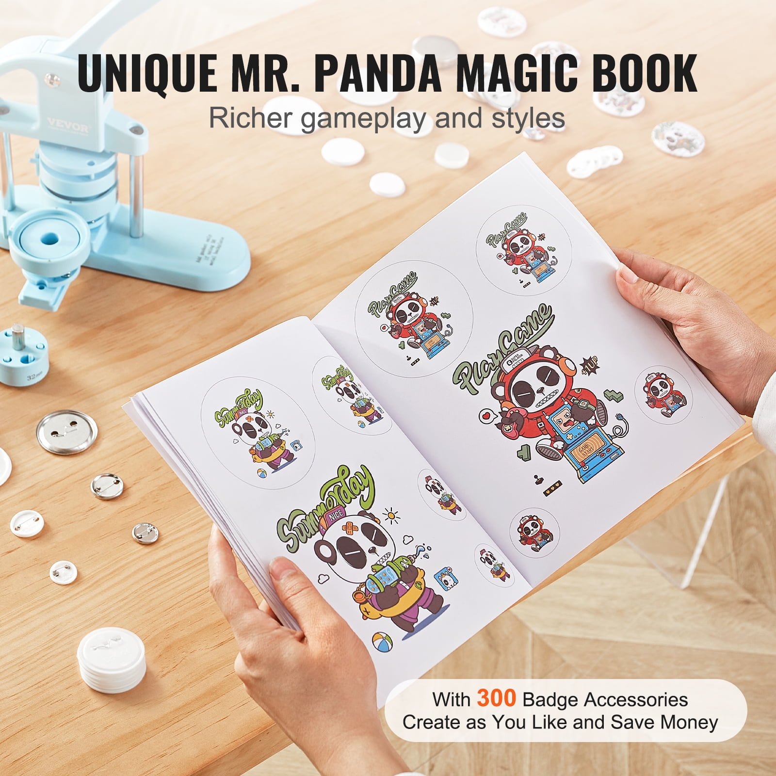 VEVOR 3-IN-1 Button Maker, 1/1.25/2.28 inch(25/32/58mm) Pin Maker, 300pcs Button Parts, Button Maker Machine with Panda Magic Book, Ergonomic Arc Handle Punch Press Kit, For Children DIY Gifts, Blue
