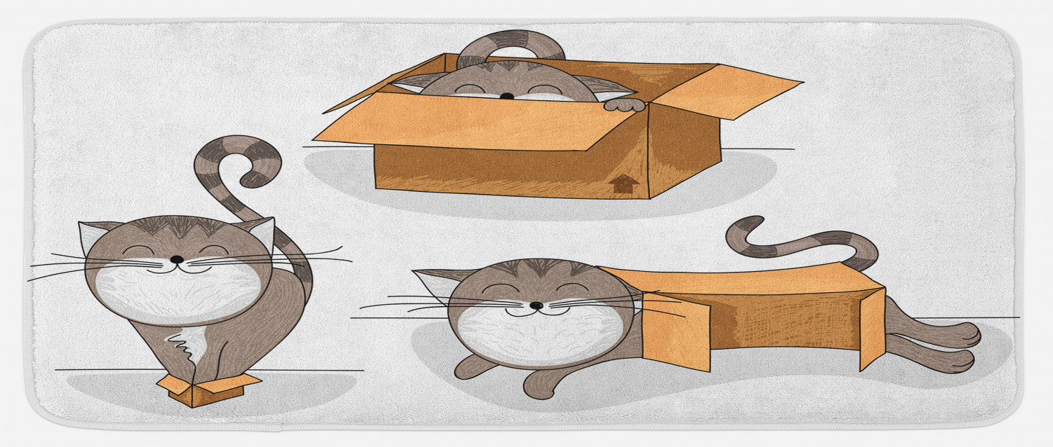 Cat Kitchen Mat, Cartoon Cat Trying Fit Different Sized Cardboard Boxes Domestic Companion