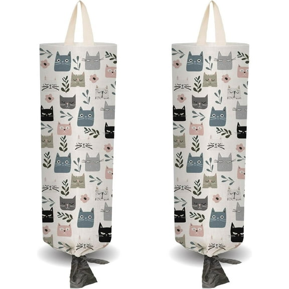 2Pcs Cat Leaf Flower Cloth Plastic Bag Holder with 4 Adhesive Hook Reusable Grocery Organizer Washable Wall Mount Hanging Trash Shopping Bag Storage Dispenser for Cabinet Home Kitchen Pantry