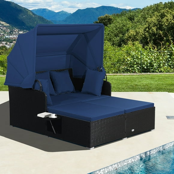 Costway Patio Rattan Daybed Lounge Retractable Top Canopy Side Tables Cushions Navy