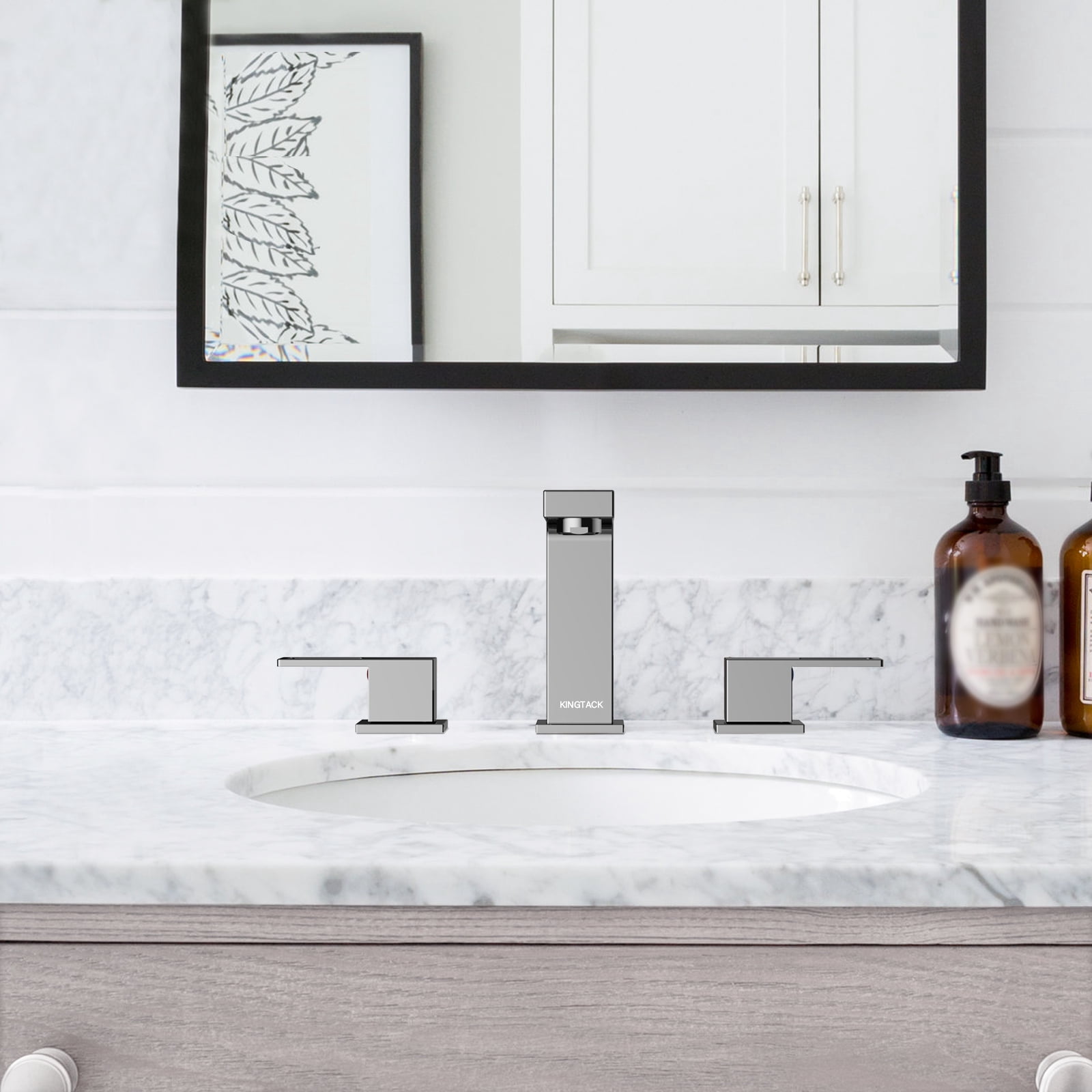KINGTACK Bathroom Faucets for Sink 3 Hole, 8 inch Chrome Bathroom Sink Faucet with Pop Up Drain, 2 Handle Vanity Faucet with Water Supply Hoses