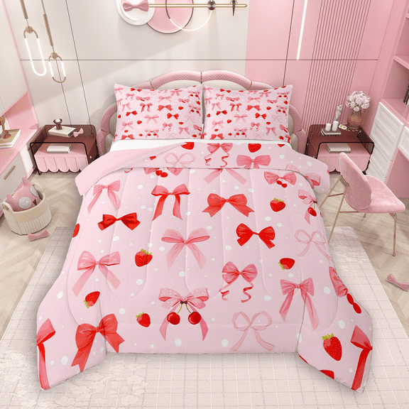 Manfei Kawaii Bowknot Bedding Comforter Set 2pcs for Kids Girls, Cute Strawberry Twin Comforter Sets, Pink Red Bedding Set, Super Cozy Room Decor