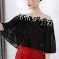 thumbnail image 3 of SWSMCLT Women's Vintage Shrug Bolero Sheer Cape Ruched Top Off The Shoulder Shawls and Wraps Bridal Chiffon Wedding Open Back Capelet Black Small-Large, 3 of 4