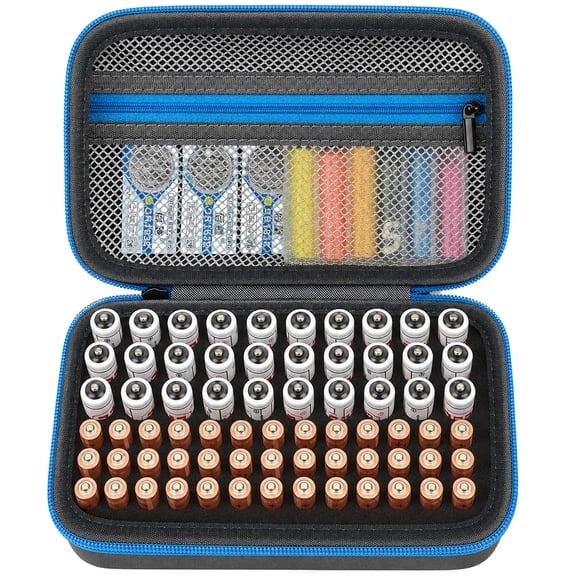 Battery Organizer Storage Holder Case Box for 69 Batteries AA AAA C Cell 9V 3V Lithium - BT-168 (Blue, Small, No Tester Included)
