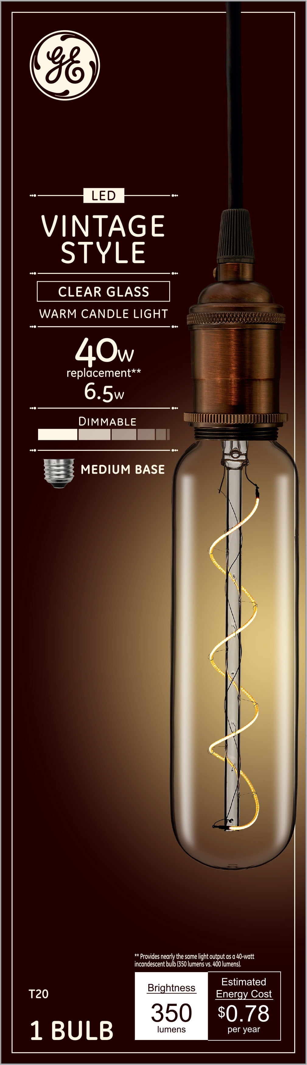 GE Vintage Style LED Light Bulb, Clear Glass, Warm Candle Light, 40 Watt Equivalent, Medium Base, Dimmable (1 Pack)