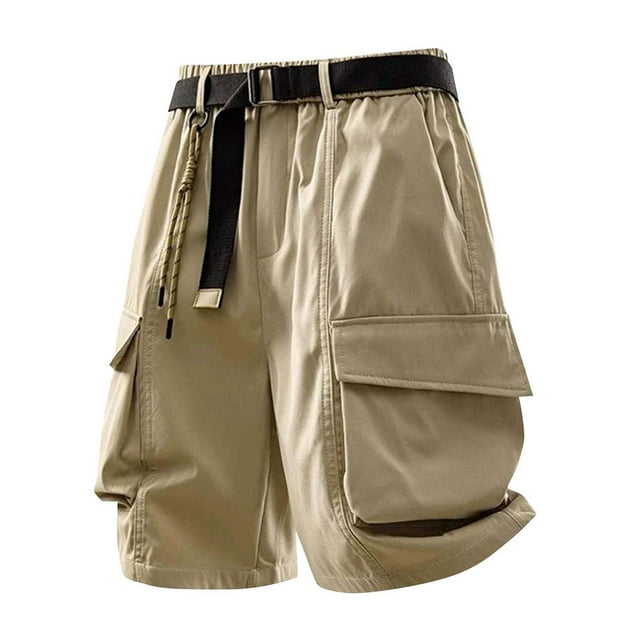 Yhmxh Mens Shorts Gym Shorts Men Man Solid-Color Loose Casual Large-Pocket Functional Waist Belt Work Pants Shorts Half Shorts Pants Mens Shorts Casual Workout Shorts Men Summer Shorts