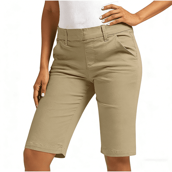 Amzcrzy Womens Golf Shorts Summer Casual Solid Color Chino Shorts for Women Slim Fit Twill Knee Length Pants Business Casual Office Commuter Dress Shorts with Pockets Beige S