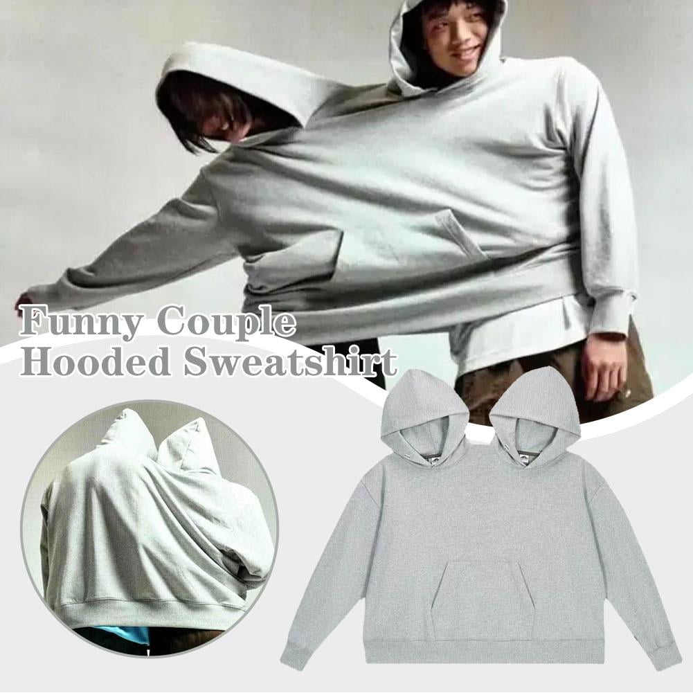 Funny Couple Hooded Sweatshirt, Unisex Casual Long Sleeve Pullover Loose Fit Top For Two People Wearing, Oversized Intimate Hoodie, Grey I2Z6
